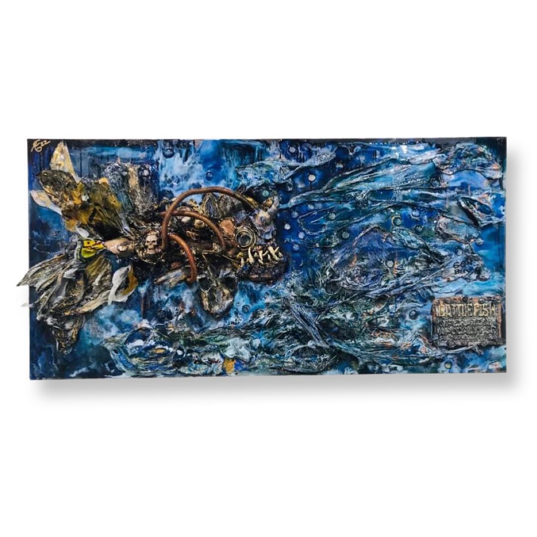 'Battlefish: Resurrection' - (Karen Hansen, 2022) Mixed Media, Vintage single use plastic and Art Resin on  Canvas