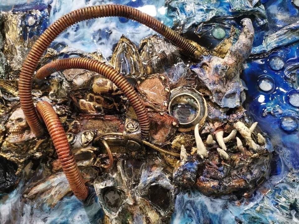 'Battlefish: Resurrection' - (Karen Hansen, 2022) Mixed Media, Vintage single use plastic and Art Resin on  Canvas