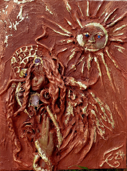 'Philosophers Stone' - (Karen Hansen, 2024-2025) Mixed Media Bas Relief (Sacred Red Ochre, Clay, Paper, Vintage Swarovski)